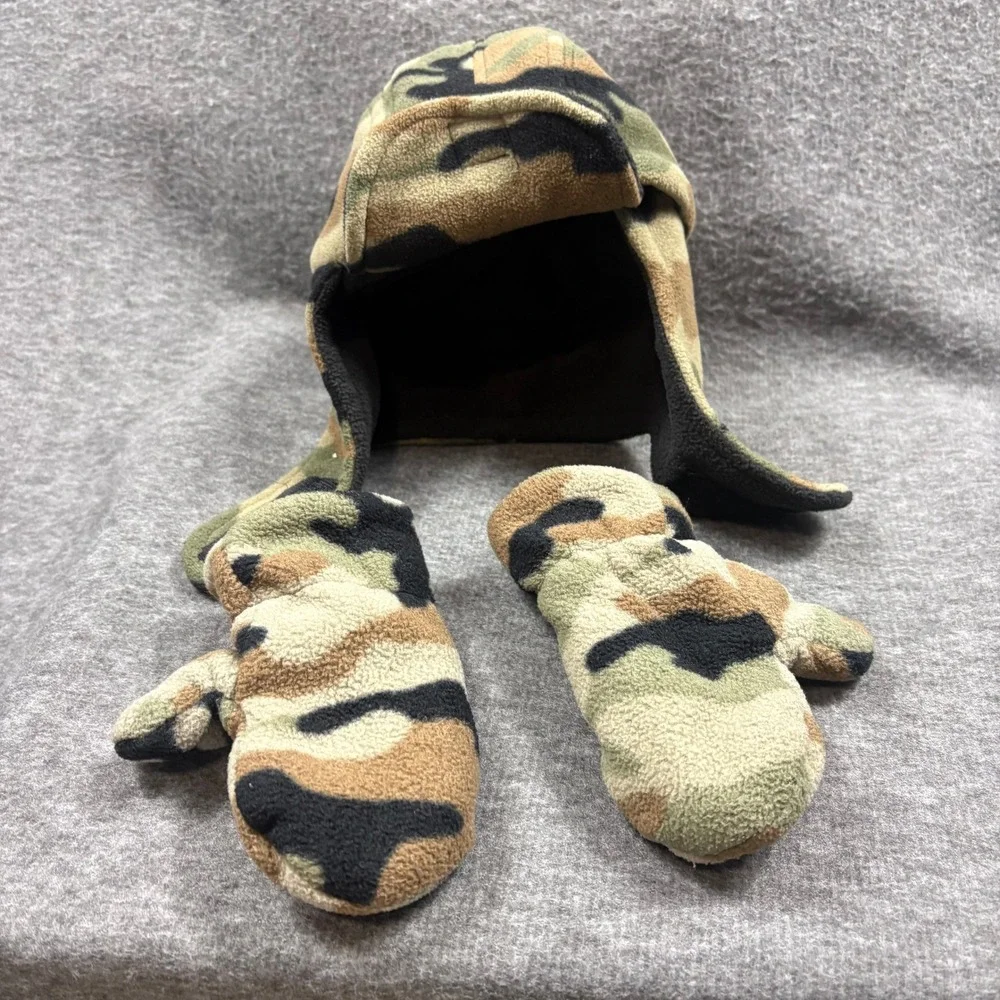 Kids Camo Fleece Trapper Hat w Mittens Set 2T-4T Winter Warm Playcore Practical - Picture 2 of 14